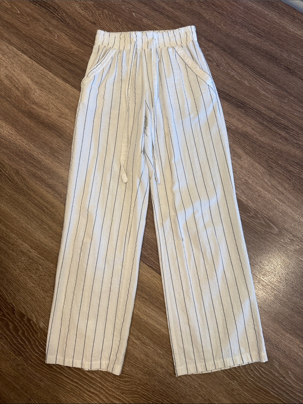 White Pinstripe Wide-Leg Drawstring Pants